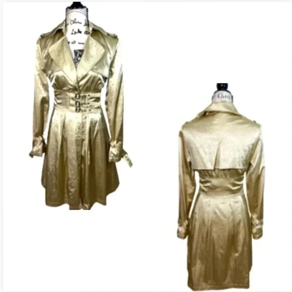 VINTAGE MINUET TRENCHCOAT JACKET GOLD MID KNEE LENGTH CINCHED WAIST NWT LARGE - Picture 12 of 12